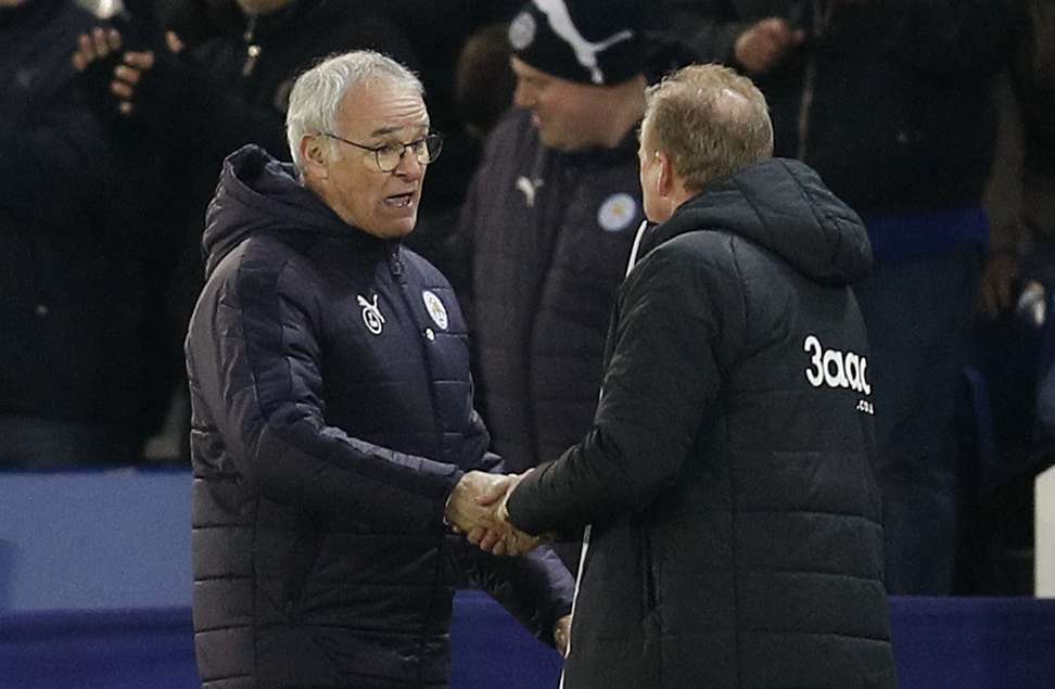 Leicester manager Claudio Ranieri shakes hands with Derby manager Steve McClaren after the game. Photo: Reuters