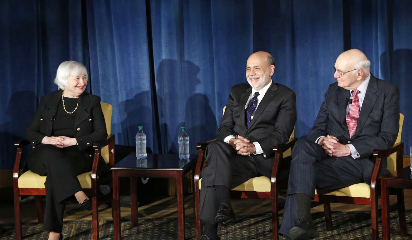 Former Federal Reserve chairmen Ben Bernanke (centre) and Paul Volcker, with current head Janet Yellen, in New York last April 7. Bernanke, who led the Federal Reserve from 2006 to 2014, said in January that calling China a currency manipulator does not “fit with reality”. Photo: AP