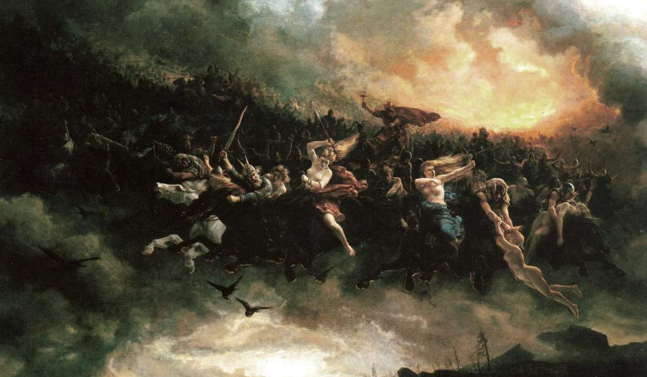 The Wild Hunt: Asgardsreien (1872) by Peter Nicolai Arbo depicts Thor (centre) leading a legion of men and women on a mythological hunt through the skies for Asgard.