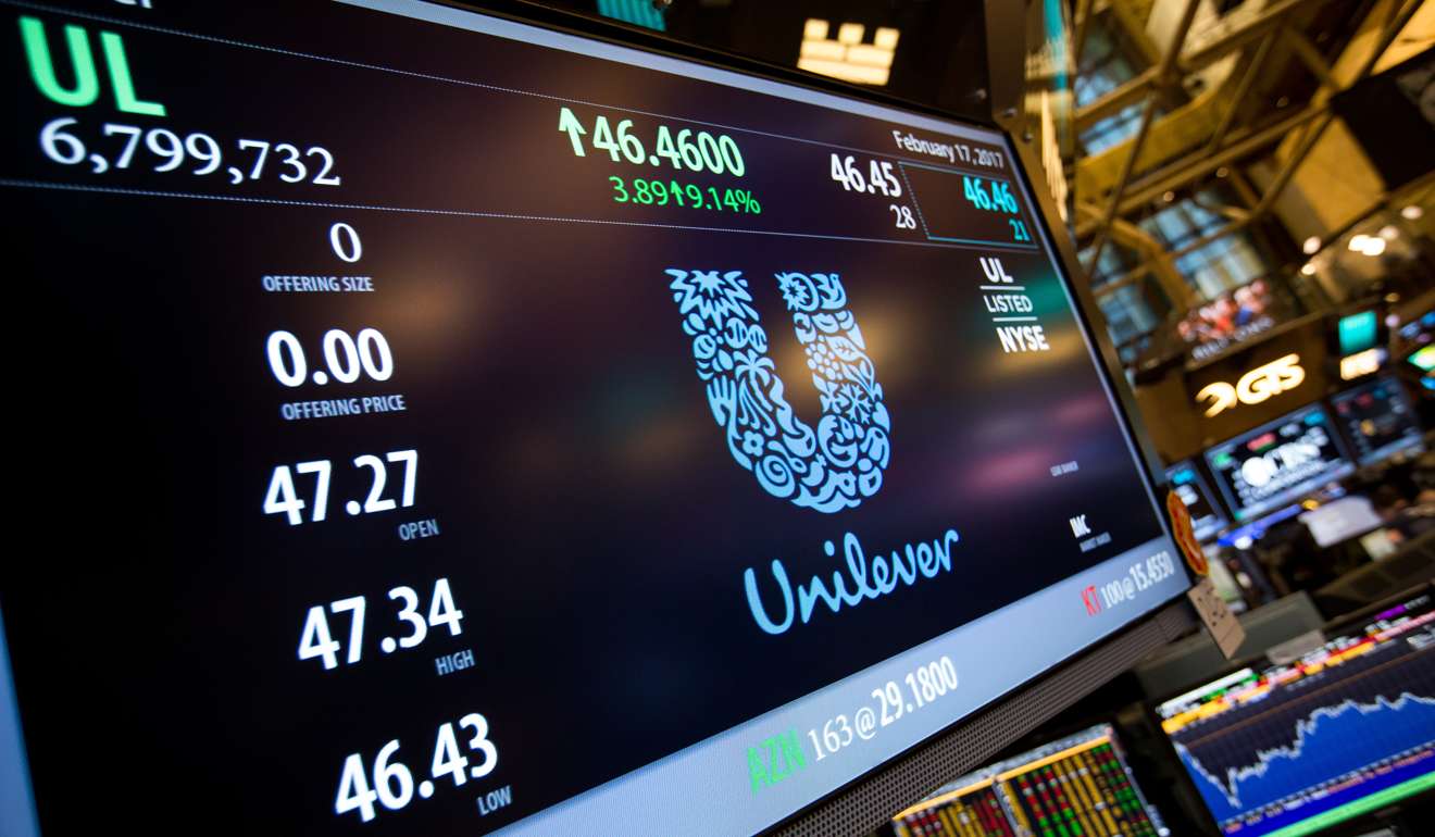 A monitor displays Unilever NV signage on the floor of the New York Stock Exchange (NYSE). Photo: Bloomberg