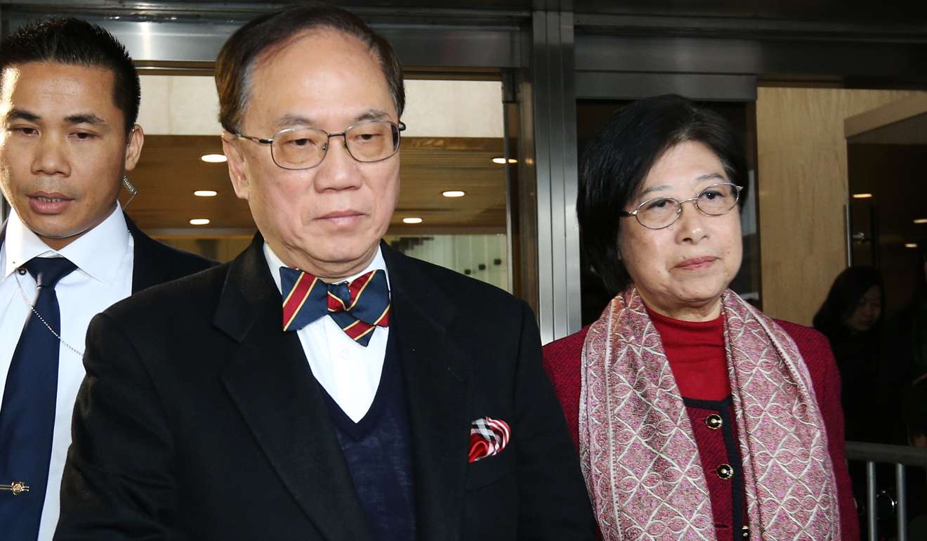 Former Hong Kong chief executive Donald Tsang Yam-kuen (centre) with wife Selina Tsang Pou Siu-mei leaving the High Court in Admiralty earlier this week. Photo: Dickson Lee