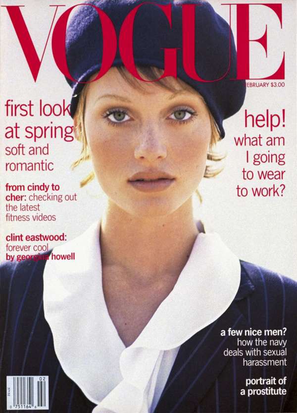 Amber Valletta’s first American Vogue cover (February 1993), shot by Arthur Elgort.