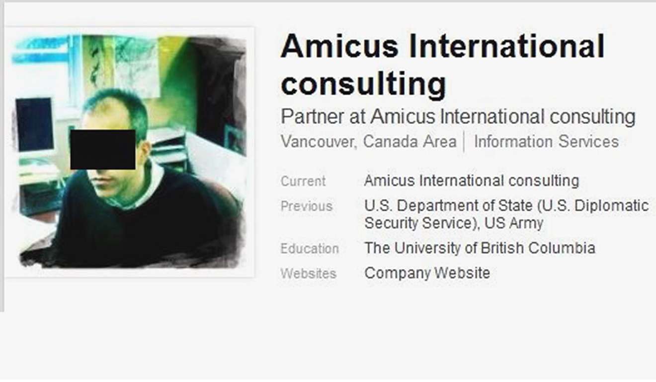 A LinkedIn profile associated with Amicus International Consulting. The photograph has been anonymised by the South China Morning Post as the identity of the man is unknown. Photo: LinkedIn