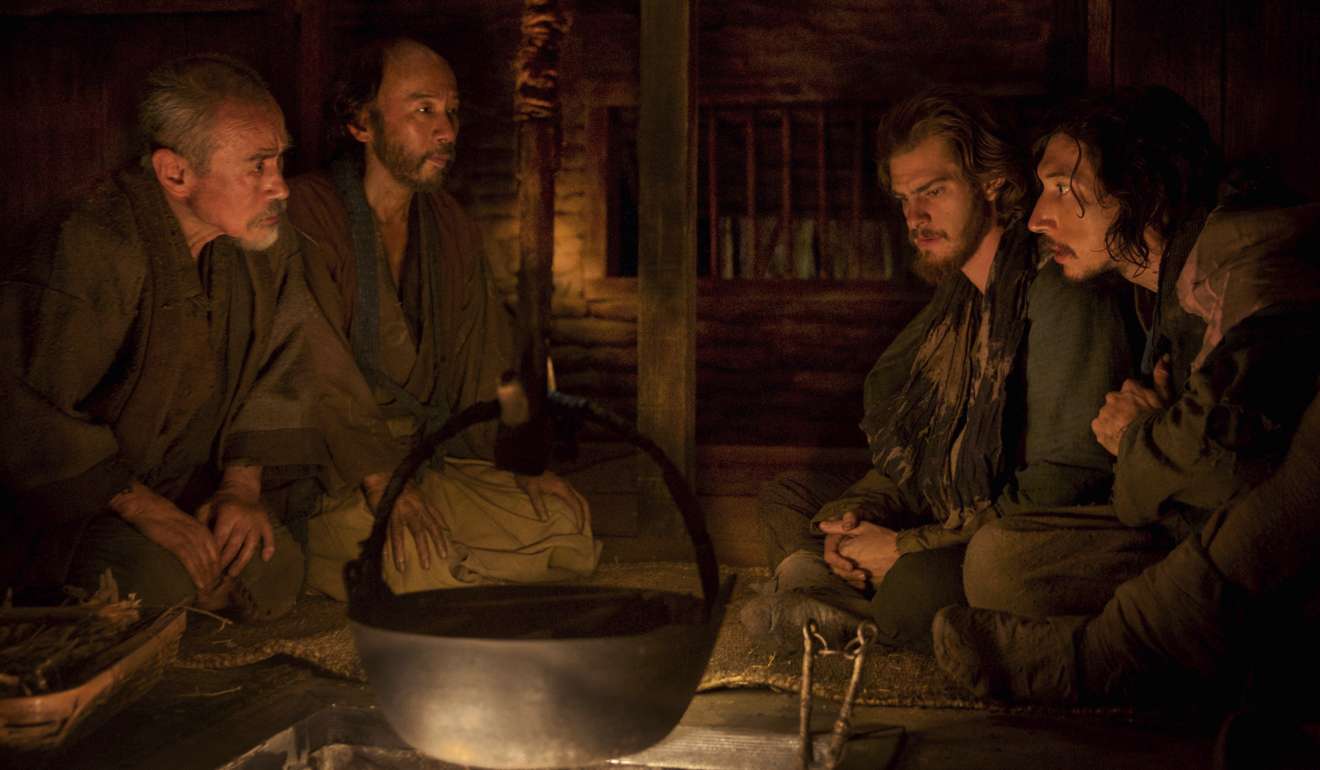 From left, chief villager Ichizo, played by Yoshi Oida, Christian villager Mokichi (Shinya Tsukamoto), protagonist Portuguese Jesuit Sebastiao Rodrigues (Andrew Garfield) and father Francisco Garupe (Adam Driver) in a scene from Silence. Photo: AP