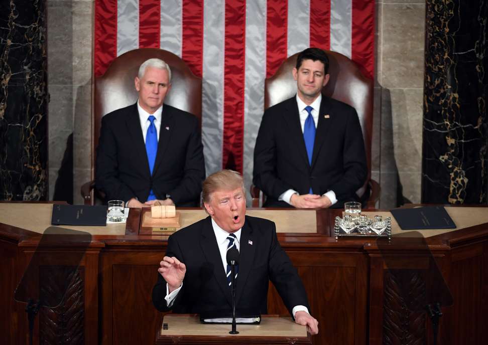US President Donald Trump addresses a joint session of Congress this week, as Vice-President Mike Pence (left) and House Speaker Paul Ryan listen, on Capitol Hill in Washington. Photo: Xinhua