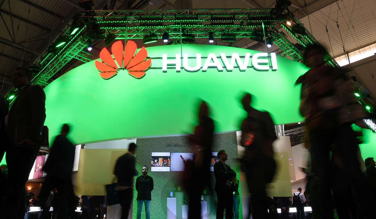 Huawei’s stand on the first day of the conference. Photo: AFP