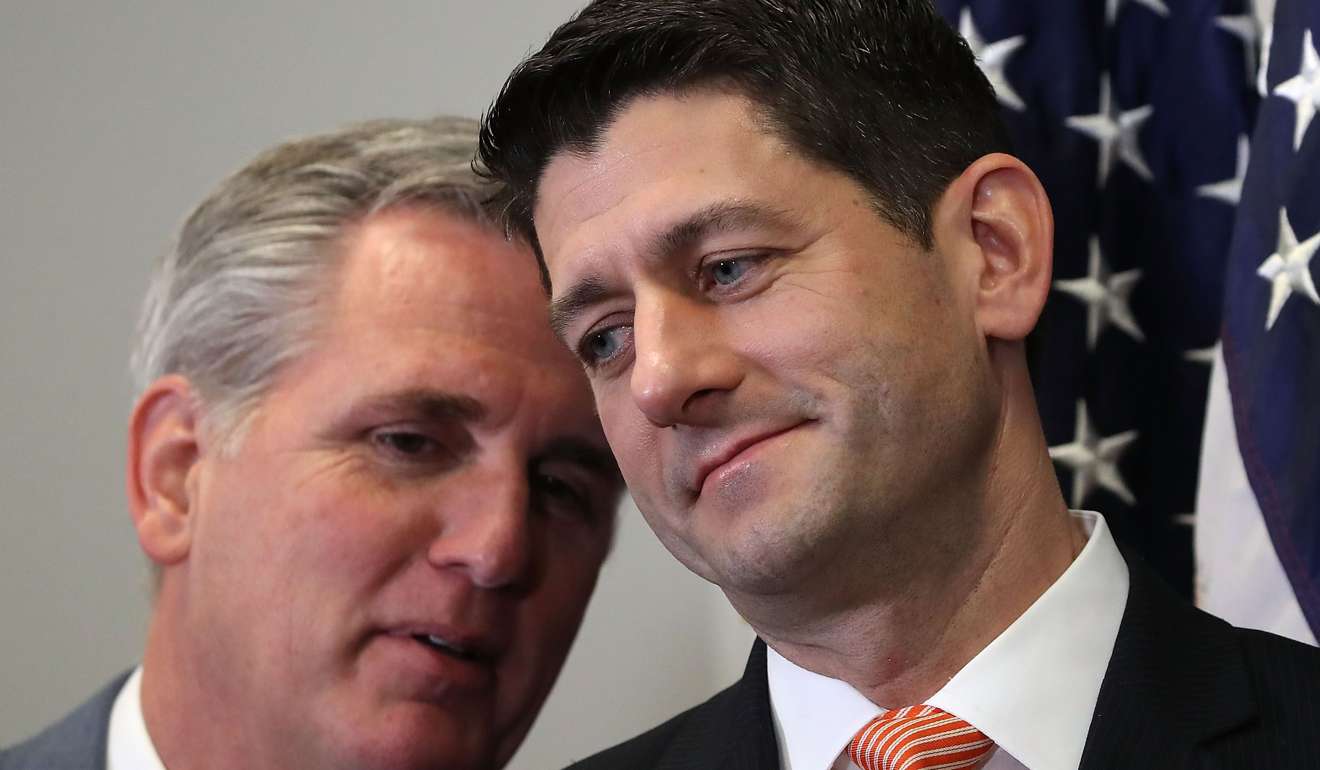 House Republican leader Kevin McCarthy (left) with Speaker Paul Ryan at a news conference on February 14 in Washington, where the repealing of Obamacare was among the issues raised. Photo: AFP