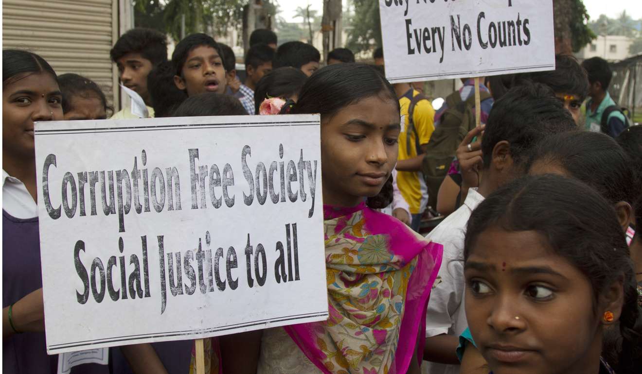 Indian school students participate in a protest against corruption in Hyderabad, India, in December 2016. Photo: AP