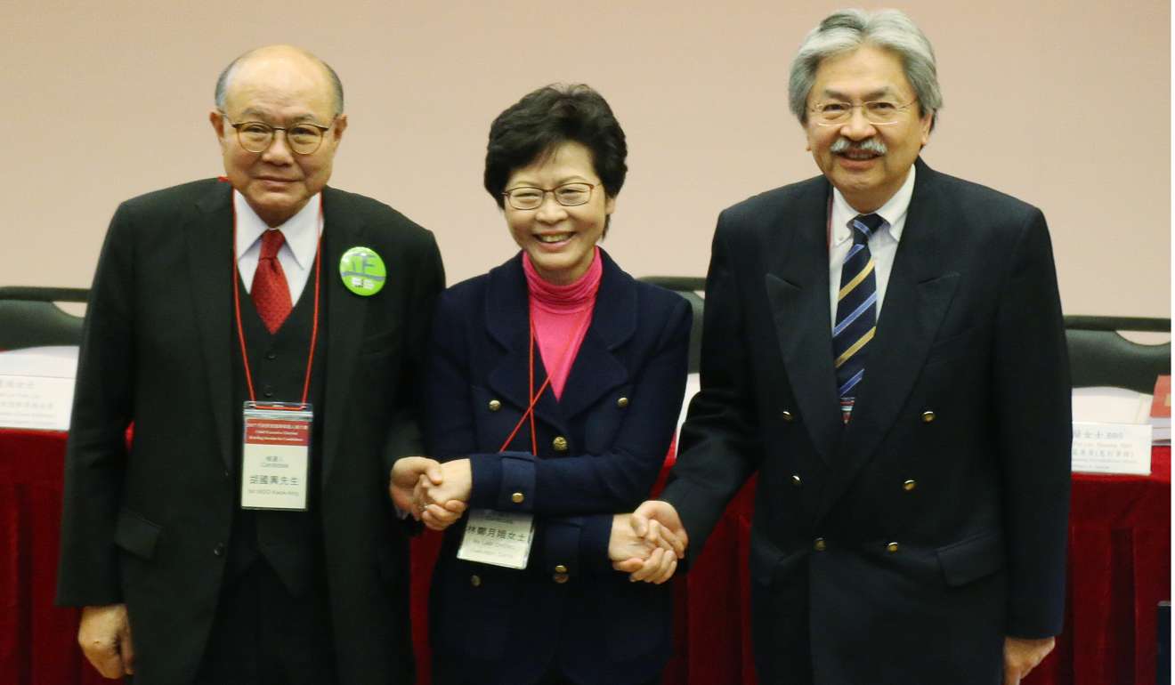 Chief Executive candidates Woo Kwok-hing, Carrie Lam and John Tsang attend a briefing session for candidates on Sunday. Only 1,194 privileged electors are entitled to cast a vote in the chief executive election. Photo: Felix Wong