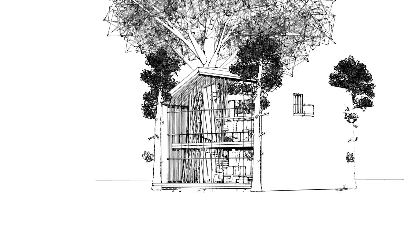 The treehouse incorporates trees in the natural surroundings into design of the building structure.