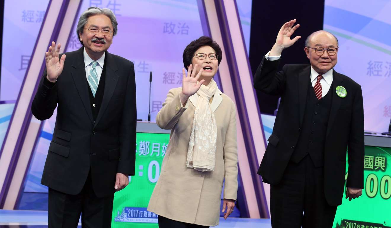 The three chief executive candidate. From left, John Tsang, Carrie Lam and Woo Kwok-hing. Photo: K. Y. Cheng