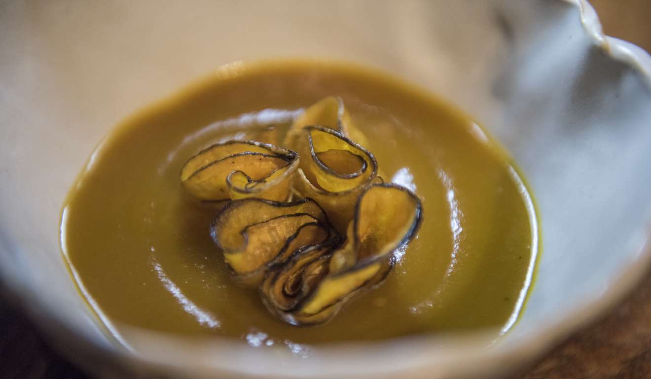 Fermented soybean and cashews with squash soup, sea urchin and fried sweet potato from Toyo. Photo: George Tapan