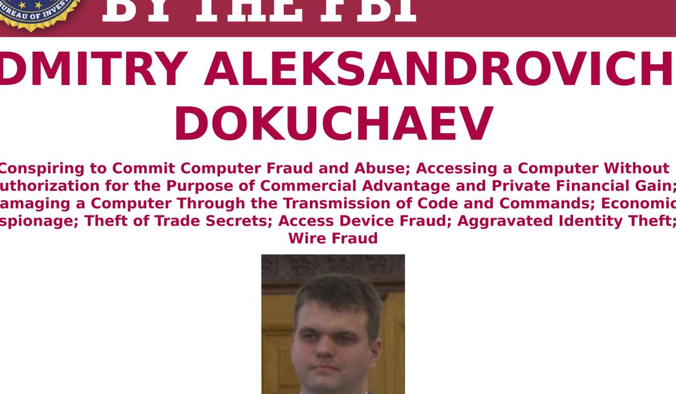 This wanted poster provided by the FBI shows Dmitry Aleksandrovich Dokuchaev, 33, a Russian national and resident. The United States announced charges Wednesday, March 15, 2017, against two Russian intelligence officers, including Dokuchaev, and two hackers, accusing them of a mega data breach at Yahoo that affected at least a half billion user accounts. (FBI via AP)