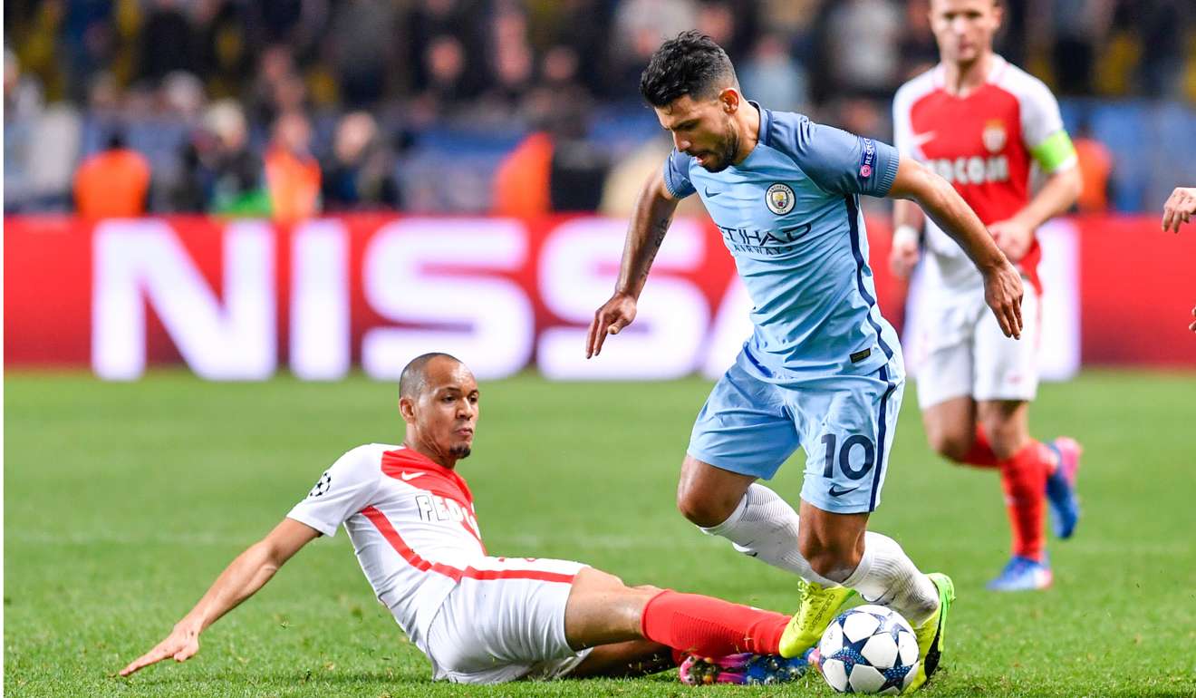 Manchester City’s Sergio Aguero (right) in action against Monaco. Photo: Xinhua