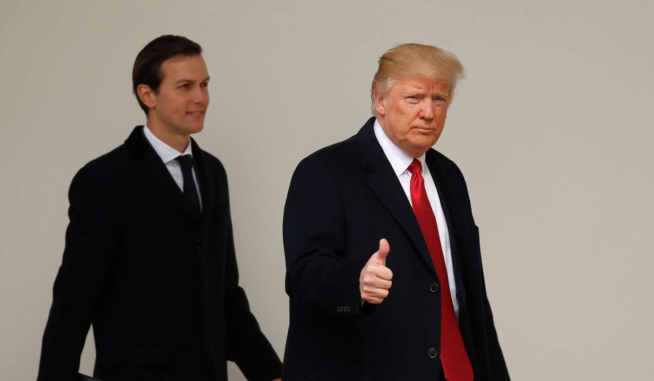 US President Donald Trump gives a thumbs-up as he and White House senior advisor Jared Kushner depart the White House in Washington. Photo: Reuters