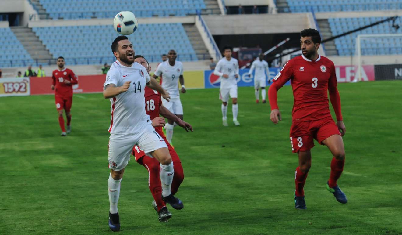 Jack Sealy in action for Hong Kong against Lebanon in the recent AFC Asian Cup qualifier in Beirut. Photo: HKFA