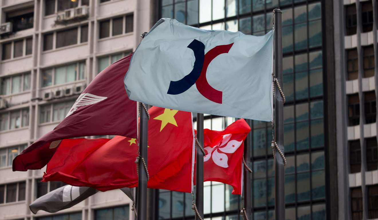 The flag of Hong Kong Exchanges and Clearing flies outside the exchange in Hong Kong. Photo: EPA