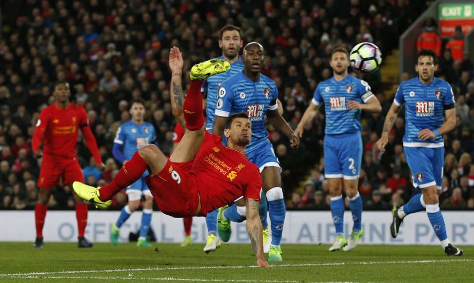 Liverpool’s Dejan Lovren goes for the spectacular. Photo: Reuters
