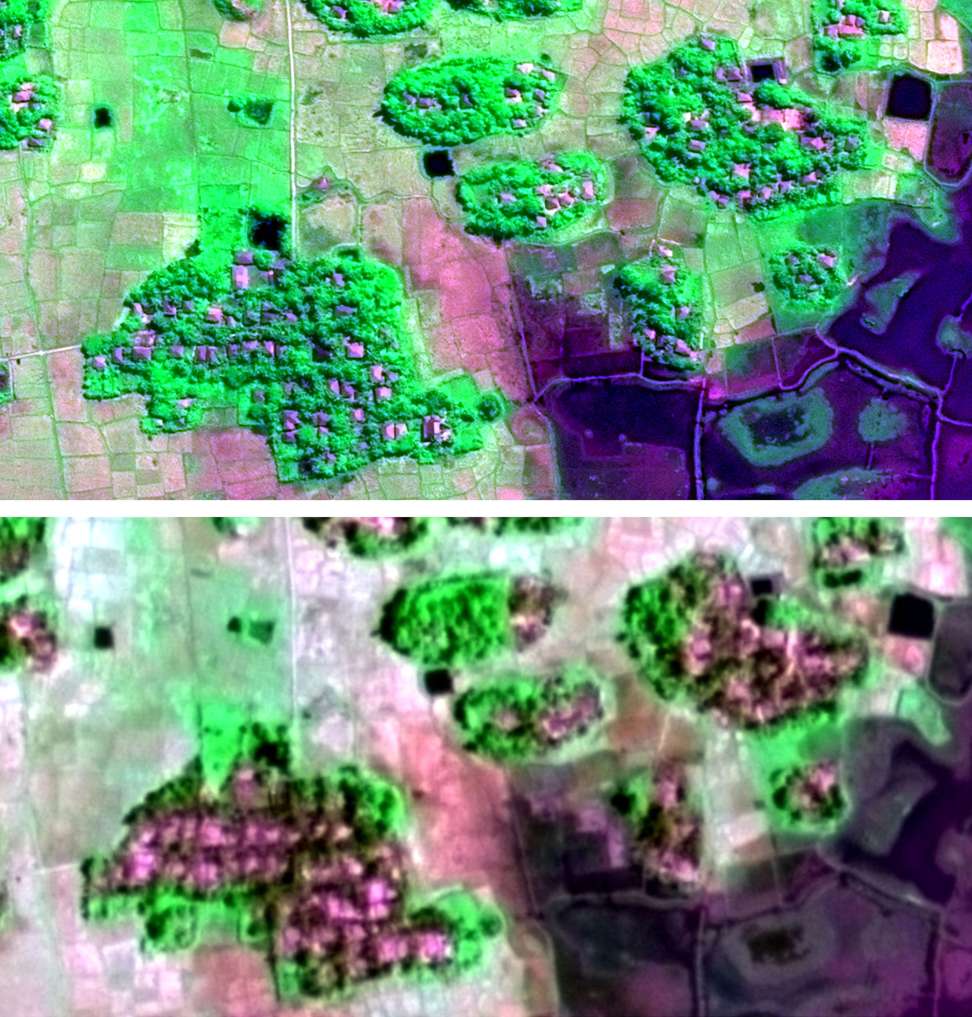A satellite image made available by Human Rights Watch shows the village of Wa Peik, before (top) on November 10, 2016 and after (bottom) on November 18, 2016, after an alleged attack by government forces in Maungdaw, Rakhine State, Myanmar. Photo: EPA