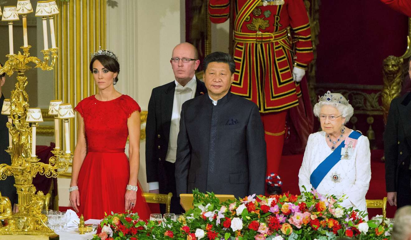 Chinese President Xi Jinping with the Duchess of Cambridge and Queen Elizabeth at a state banquet at Buckingham Palace, London, during the first day of his state visit to Britain in 2015. Photo: Reuters