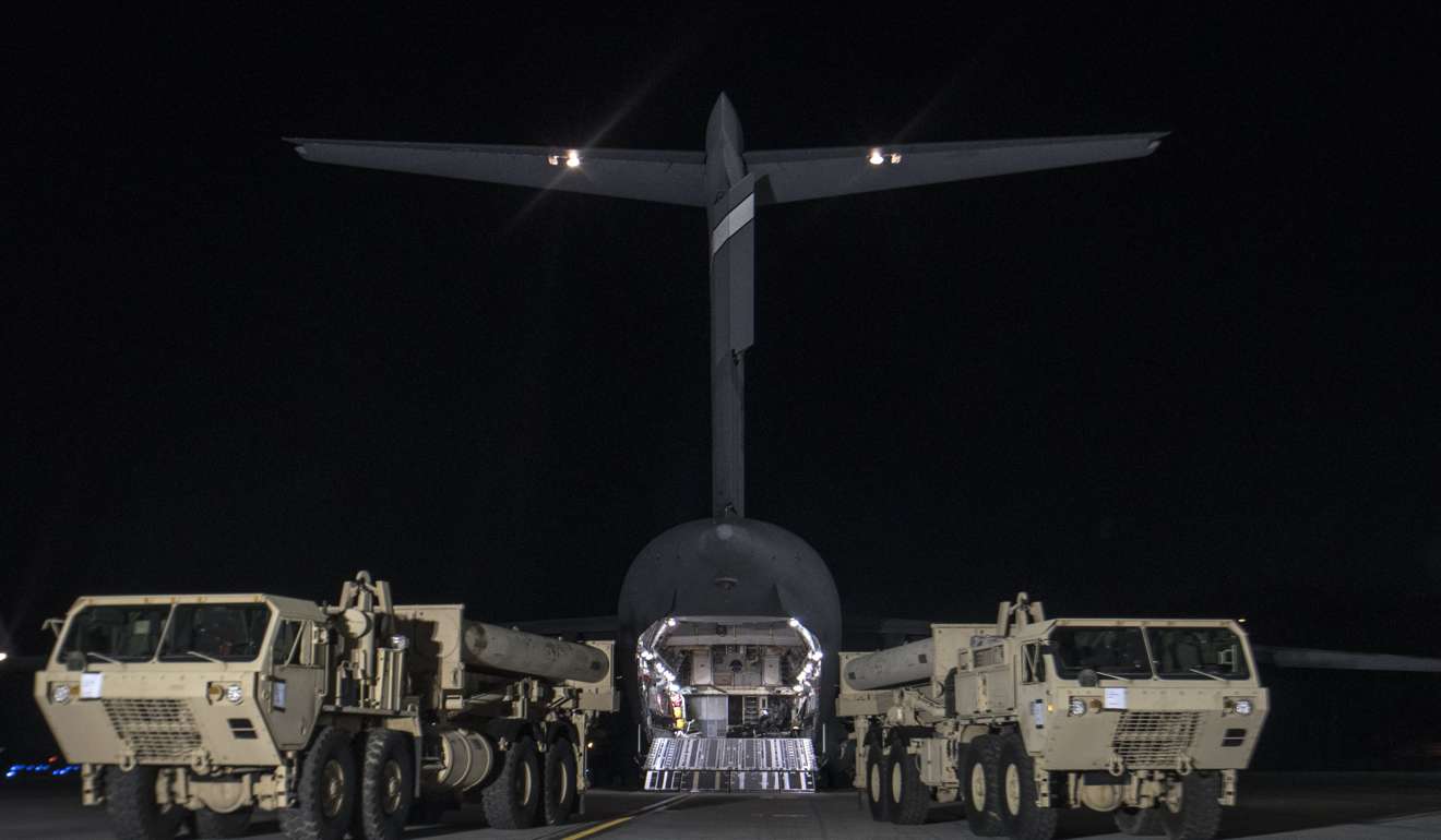 Parts of a THAAD anti-missile defence system arrive at Osan Air Base in South Korea last month. Photo: EPA