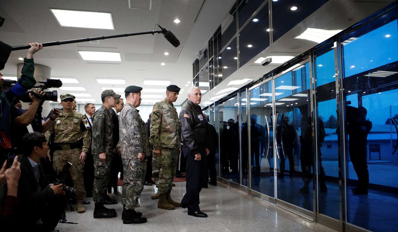 US Vice-President Mike Pence arrives at the truce village of Panmunjom, South Korea. Photo: Reuters