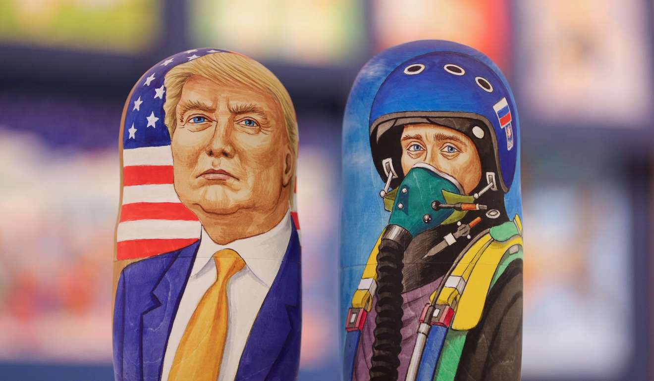 Martyoshka dolls showing Donald Trump and Vladimir Putin in a souvenir store in Moscow. Photo: Bloomberg