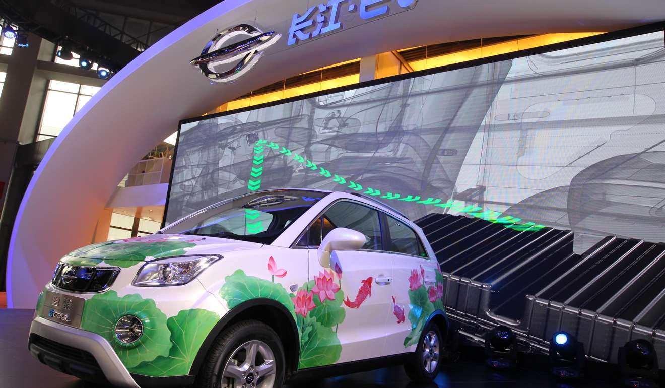 E-Cool, an electric car made by Changjiang EV, on display at the Auto Shanghai 2017. Photo: Simon Song