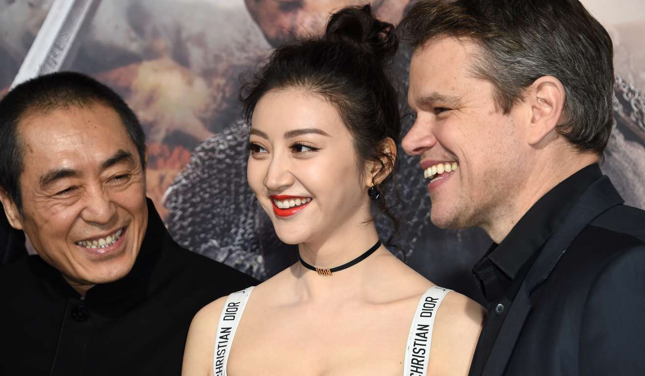 Jing Tian with Zhang Yimou, and Matt Damon at the premiere of The Great Wall. Photo: AFP