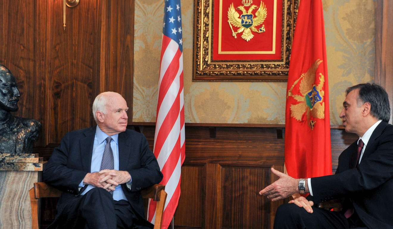 Montenegrin President Filip Vujanovic (R) talks with US Senator John McCain (L) during their meeting in podgorica on April 12, 2017. Montenegro is set to become the alliance's 29th member. Photo: AFP