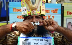 ERBMP1 Allahabad, India. 31st May, 2015. An Indian social worker joins in the awareness campaign against tobacco on the occasion of World No Tobacco Day. The World Health Organisation (WHO) says tobacco causes over five million deaths world wide which is likely to increase to 8.4 million if the situation is not brought under control. © Prabhat Kumar Verma/Pacific Press/Alamy Live News [31MAY2016 FEATURES HEALTH]