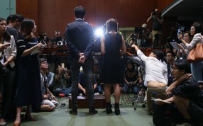 Lawmakers Sixtus Baggio Leung Chung-hang and Yau Wai-ching of Youngspiration at Legco in Tamar. Photo: David Wong