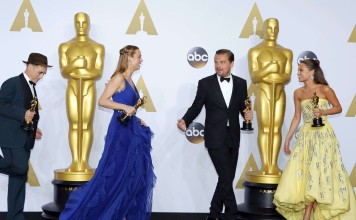 Best supporting actor Mark Rylance, Bridge of Spies, best actress Brie Larson, Room, best actor Leonardo DiCaprio, The Revenant and best supporting actress Alicia Vikander, The Danish Girl, at the 88th Academy Awards in February. Photo: Reuters