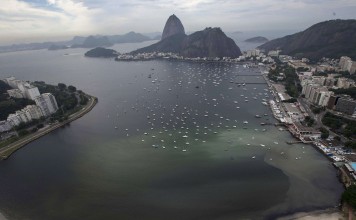 Guanabara Bay has been plagued with pollution problems, including this giant stain produced by a sewage run-off at the cove of Botafogo. The bay will stage the sailing competitions at the 2016 Rio Olympics. Photo: EPA