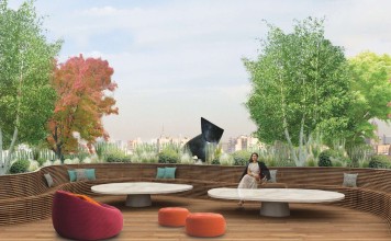 A batten teak bench snakes around the entire terrace, surrounded by trees of varying heights. Illustrations: Christian Préaud