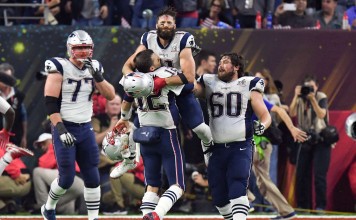 New England Patriots quarterback Tom Brady and wide receiver Julian Edelman celebrate their Super Bowl 51 win over Atlanta Falcons. Photo: USA Today