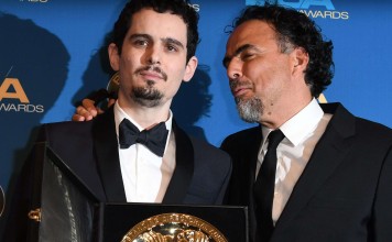 Damien Chazelle (left), winner of the Best Director in a Feature Film Award for La La Land, poses with last year's winner, director Alejandro Gonzalez Inarritu, at the 69th annual Directors’ Guild Awards on Saturday. Photo: AFP