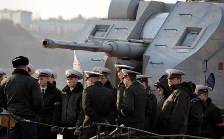 Ukrainian sailors parade aboard the naval ship Ternopil. Photo: AFP Ukrainian sailors parade aboard the naval ship Ternopil. Photo: AFP