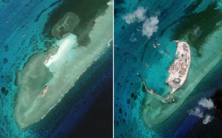 Satellite images taken on January 3, 2010 (left) and April 30, 2015 (right) show expansion in land through construction of an eastern sandbank on West Reef, located in the Spratly Islands, in the disputed South China Sea. Photo: AFP Satellite images taken on January 3, 2010 (left) and April 30, 2015 (right) show expansion in land through construction of an eastern sandbank on West Reef, located in the Spratly Islands, in the disputed South China Sea. Photo: AFP