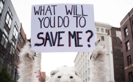 An environmental activist holds up a placard in Cleveland, Ohio, near the Republican National Convention site on July 18. Photo: AFP An environmental activist holds up a placard in Cleveland, Ohio, near the Republican National Convention site on July 18. Photo: AFP