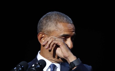 President Barack Obama wipes away tears while speaking during his farewell address in Chicago. Photo: AP