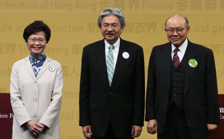 Chief executive candidates Carrie Lam, John Tsang and Woo Kwok-hing line up before the debate. Photo: David Wong Chief executive candidates Carrie Lam, John Tsang and Woo Kwok-hing line up before the debate. Photo: David Wong