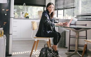 Lindsay Jang wears a Nike x Sacai jacket, Wolford bodysuit, Lululemon leggings and Nike sneakers. Photo: Bryant Lee