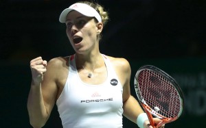 Germany’s Angelique Kerber celebrates her win against Poland’s Agnieszka Radwanska in their semi-final at the WTA Finals in Singapore. Photo: EPA