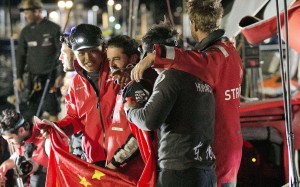 Dongfeng Race Team celebrate winning the six leg of the last Volvo Ocean Race in Newport, Rhode Island. Photo: AFP