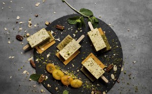 Avocado nougat parfait with poached dried apricot and honey tulip at Mirage in Wan Chai.