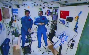 Astronauts Chen Dong (left) and Jing Haipeng pictured in the space lab. Photo: Xinhua