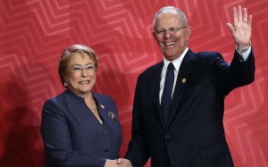 Chilean President Michelle Bachelet, left, and Peru's President Pedro Pablo Kuczynski shake hands upon arrival at the Lima Convention Centre during the Asia-Pacific Economic Cooperation summit in Lima on Saturday. Chile’s vice-minister of trade says the nation is open to free trade options.Photo: AFP Chilean President Michelle Bachelet, left, and Peru's President Pedro Pablo Kuczynski shake hands upon arrival at the Lima Convention Centre during the Asia-Pacific Economic Cooperation summit in Lima on Saturday. Chile’s vice-minister of trade says the nation is open to free trade options.Photo: AFP