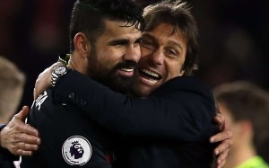 Chelsea's manager Antonio Conte (R) reacts with Diego Costa after the English Premier League soccer match between Middlesbrough and Chelsea at the Riverside stadium, Middlesbrough, Britain, 20 November 2016. EPA/Nigel Roddis