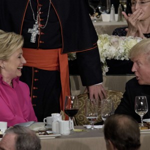 Democratic presidential nominee Hillary Clinton and Republican presidential nominee Donald Trump attend the Alfred E. Smith Memorial Foundation Dinner at New York’s Waldorf Astoria. Photo: AFP